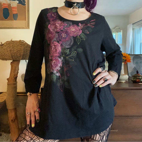 laura scott 3/4 sleeve dark floral cotton tee / size xl - Picture 1 of 3